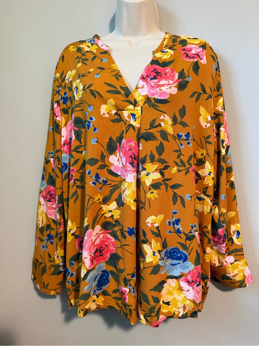 Old Navy Mustard Floral V-Neck Blouse with Pink and Blue Accents